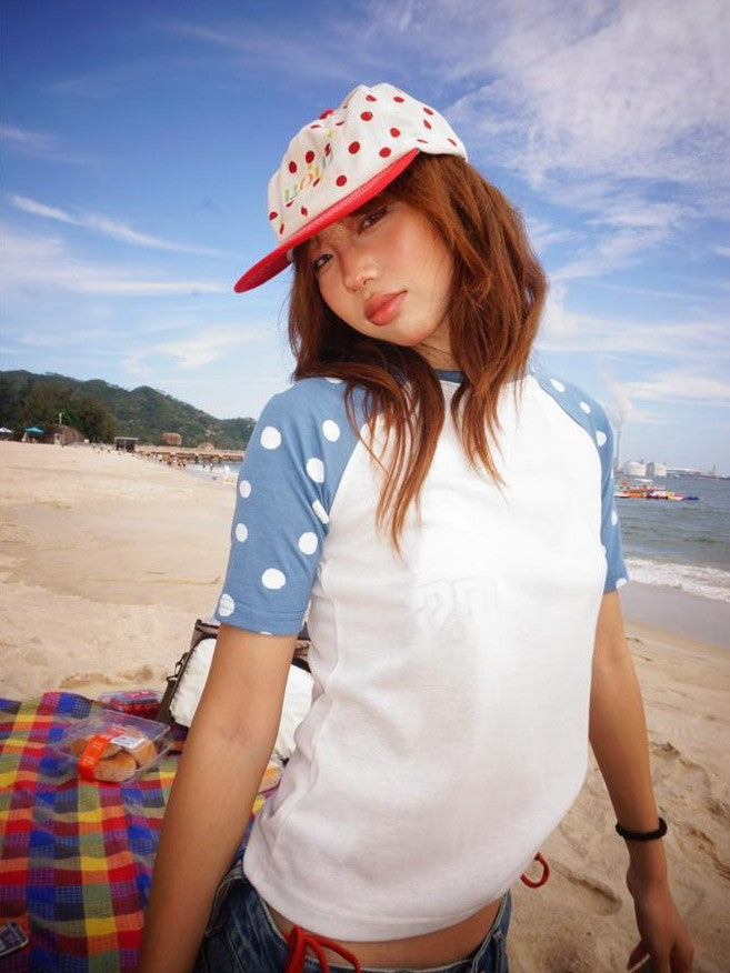 YOUNG STAGE Retro Polka Dot Color Block Sheer Raglan Sleeve Women's Slim Fit Short Sleeve T-shirts