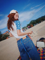 YOUNG STAGE Retro Polka Dot Color Block Sheer Raglan Sleeve Women's Slim Fit Short Sleeve T-shirts
