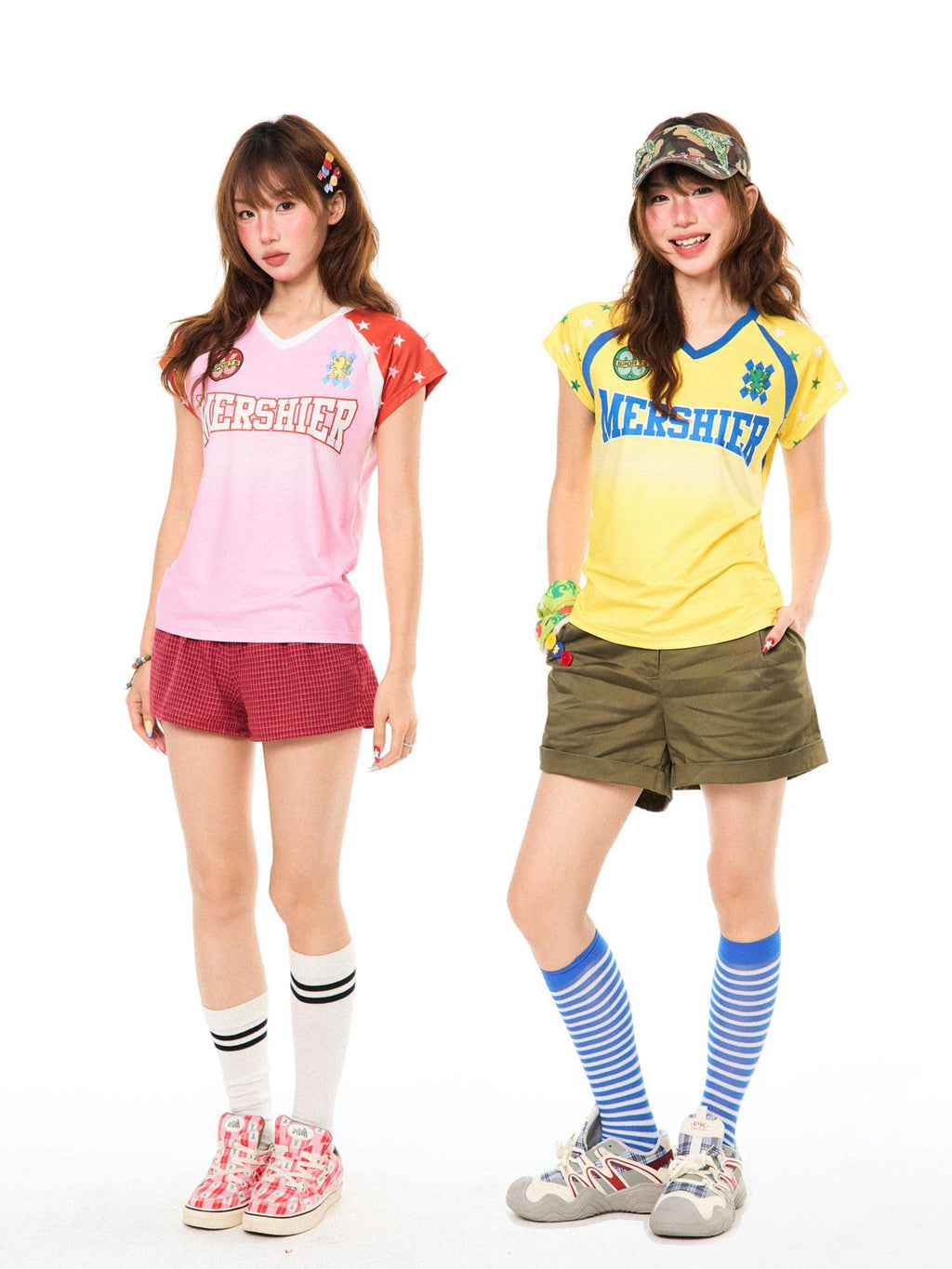 YOUNG STAGE Retro Star Letter Print Raglan Sleeve Slim Fit V-neck Women's Cotton Short Sleeve T-shirts