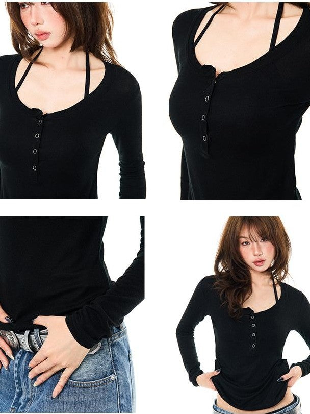 YOUNG STAGE Sheer Slim Fit Henley Neck Cropped Women's Long Sleeve T-shirts