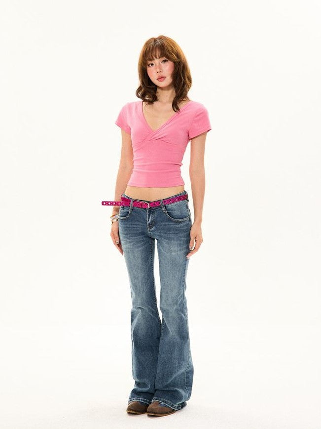 YOUNG STAGE Slim Fit Solid Cross V-neck Short Sleeve T-shirts