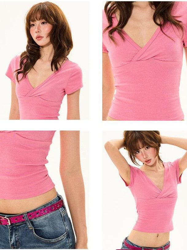 YOUNG STAGE Slim Fit Solid Cross V-neck Short Sleeve T-shirts