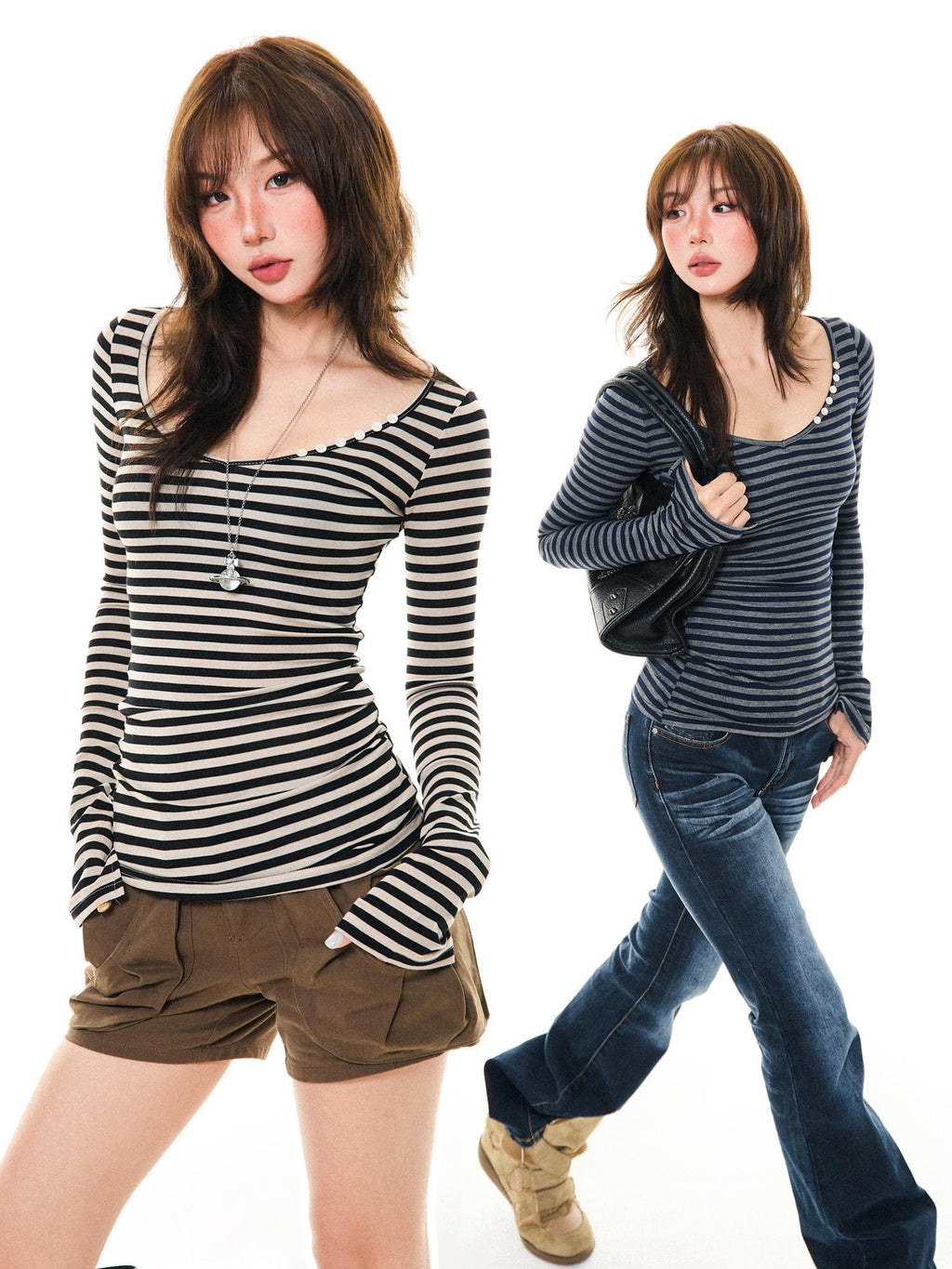 YOUNG STAGE Slim Fit Striped Crew Neck Lyocell Women's Long Sleeve T-shirts