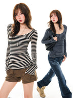YOUNG STAGE Slim Fit Striped Crew Neck Lyocell Women's Long Sleeve T-shirts