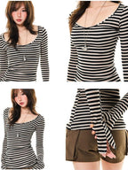 YOUNG STAGE Slim Fit Striped Crew Neck Lyocell Women's Long Sleeve T-shirts