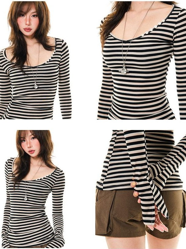YOUNG STAGE Slim Fit Striped Crew Neck Lyocell Women's Long Sleeve T-shirts