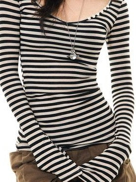 YOUNG STAGE Slim Fit Striped Crew Neck Lyocell Women's Long Sleeve T-shirts