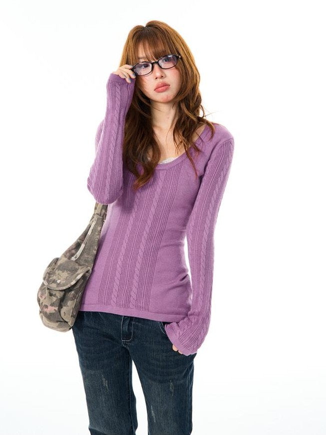 YOUNG STAGE Slim Fit U Neck Cable Knit Women's Long Sleeve T-shirts