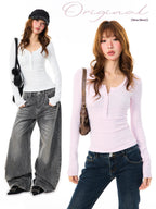 YOUNG STAGE Solid Half Button Slim Fit Round Neck Women's Cotton Long Sleeve T-shirts