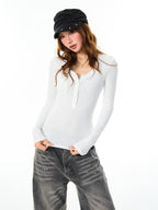 YOUNG STAGE Solid Half Button Slim Fit Round Neck Women's Cotton Long Sleeve T-shirts
