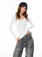 YOUNG STAGE Solid Half Button Slim Fit Round Neck Women's Cotton Long Sleeve T-shirts