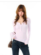 YOUNG STAGE Solid Half Button Slim Fit Round Neck Women's Cotton Long Sleeve T-shirts