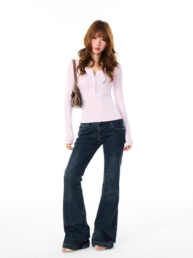 YOUNG STAGE Solid Half Button Slim Fit Round Neck Women's Cotton Long Sleeve T-shirts