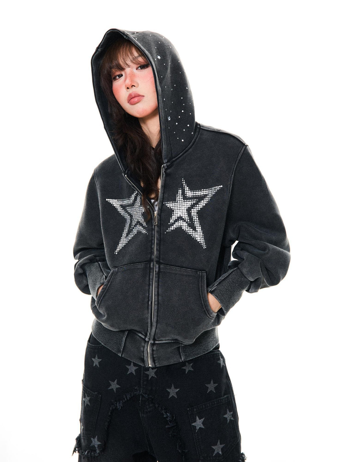 YOUNG STAGE Star Rhinestone Washed American Women's Cotton Hoodies