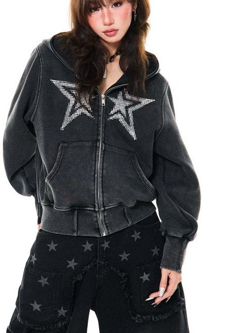YOUNG STAGE Star Rhinestone Washed American Women's Cotton Hoodies