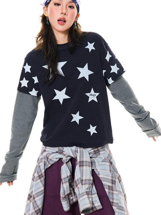 YOUNG STAGE Star Striped Contrast Color Women's Long Sleeve T-shirts