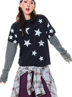 YOUNG STAGE Star Striped Contrast Color Women's Long Sleeve T-shirts