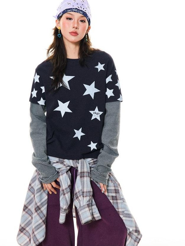 YOUNG STAGE Star Striped Contrast Color Women's Long Sleeve T-shirts