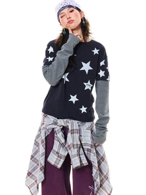 YOUNG STAGE Star Striped Contrast Color Women's Long Sleeve T-shirts