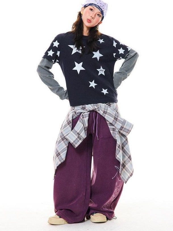 YOUNG STAGE Star Striped Contrast Color Women's Long Sleeve T-shirts
