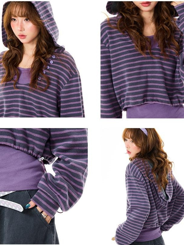 YOUNG STAGE Striped Color Block Double Layer Hooded Women's Cotton Hoodies