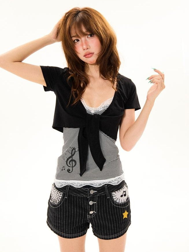 YOUNG STAGE Striped Music Note Lace Cami Two Piece Women's Short Sleeve T-shirts