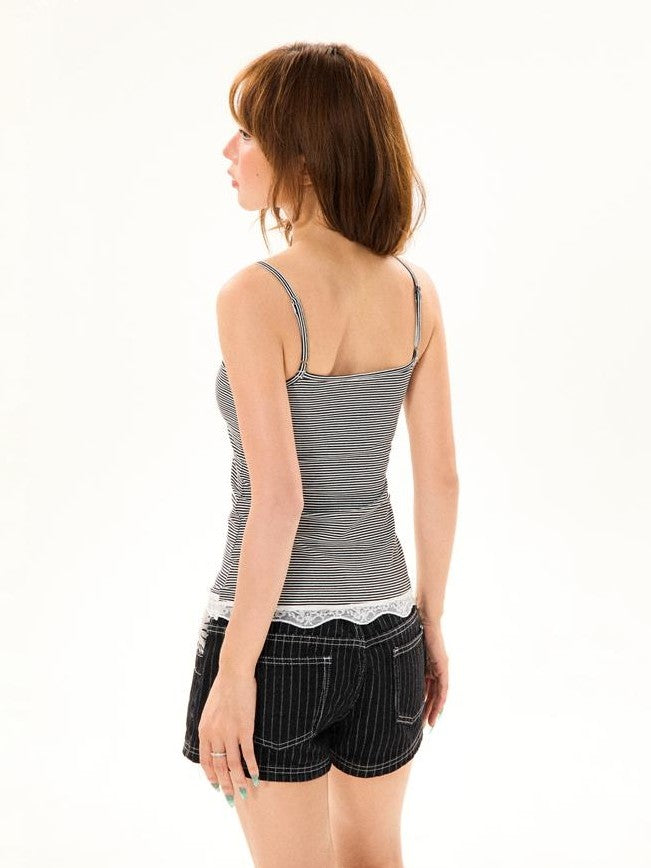YOUNG STAGE Striped Music Note Lace Cami Two Piece Women's Short Sleeve T-shirts