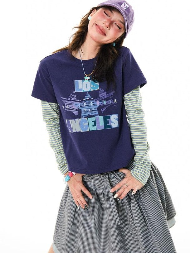 YOUNG STAGE Striped Print Faux Layered Cropped Women's Cotton Long Sleeve T-shirts