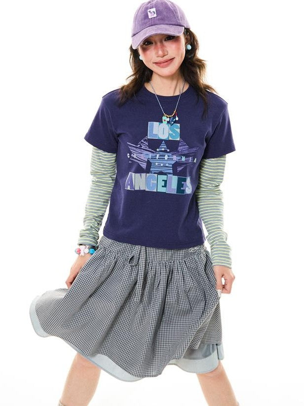 YOUNG STAGE Striped Print Faux Layered Cropped Women's Cotton Long Sleeve T-shirts