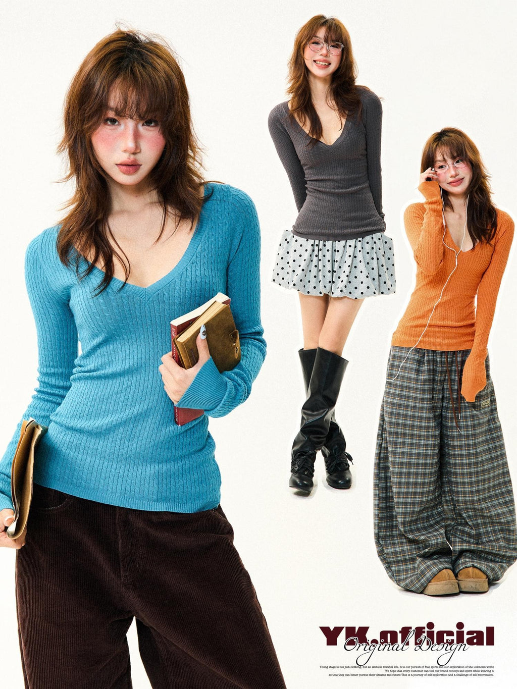 YOUNG STAGE V-neck Slim Fit Retro Women's Knit Long Sleeve T-shirts