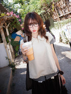 YOUNG STAGE Vintage Collared Button Up Puff Sleeve Solid Women's Cotton Short Sleeve T-shirts