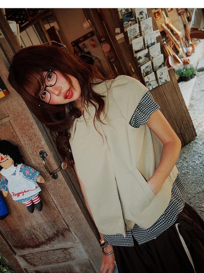 YOUNG STAGE Vintage Collared Button Up Puff Sleeve Solid Women's Cotton Short Sleeve T-shirts