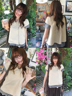 YOUNG STAGE Vintage Collared Button Up Puff Sleeve Solid Women's Cotton Short Sleeve T-shirts