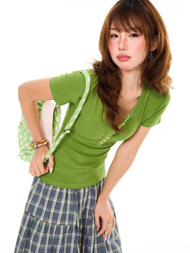 YOUNG STAGE Vintage Henley Neck Green Slim Fit Women's Cotton Short Sleeve T-shirts