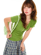 YOUNG STAGE Vintage Henley Neck Green Slim Fit Women's Cotton Short Sleeve T-shirts