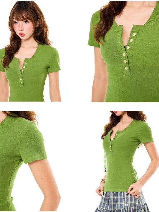 YOUNG STAGE Vintage Henley Neck Green Slim Fit Women's Cotton Short Sleeve T-shirts