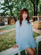 YOUNG STAGE Vintage Plaid Doll Collar Long Sleeve Ruffle A Line Women's Casual Mini Dresses