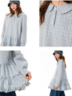 YOUNG STAGE Vintage Plaid Doll Collar Long Sleeve Ruffle A Line Women's Casual Mini Dresses