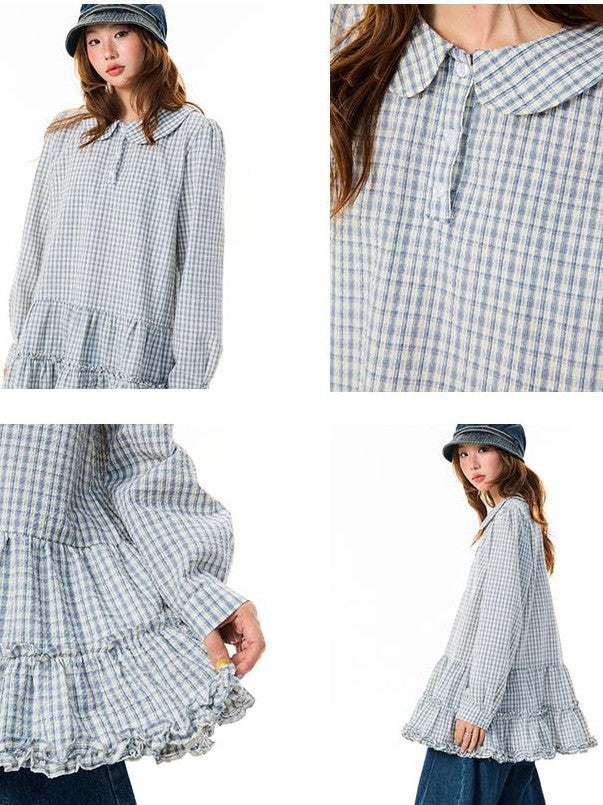 YOUNG STAGE Vintage Plaid Doll Collar Long Sleeve Ruffle A Line Women's Casual Mini Dresses