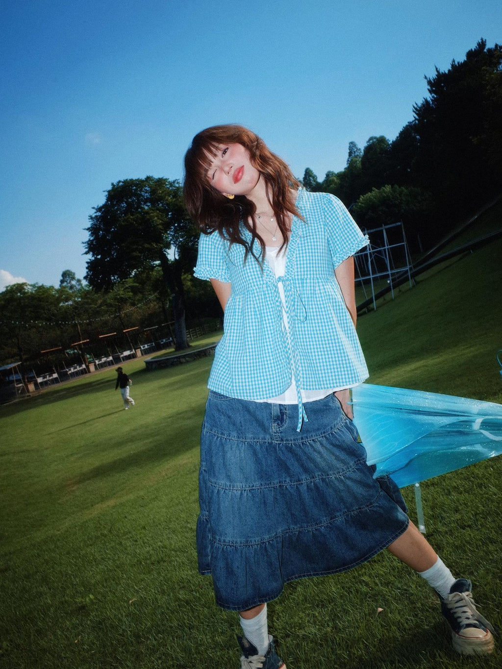 YOUNG STAGE Vintage Plaid Fake Two Piece Open Front V-neck Women's Cotton Short Sleeve T-shirts