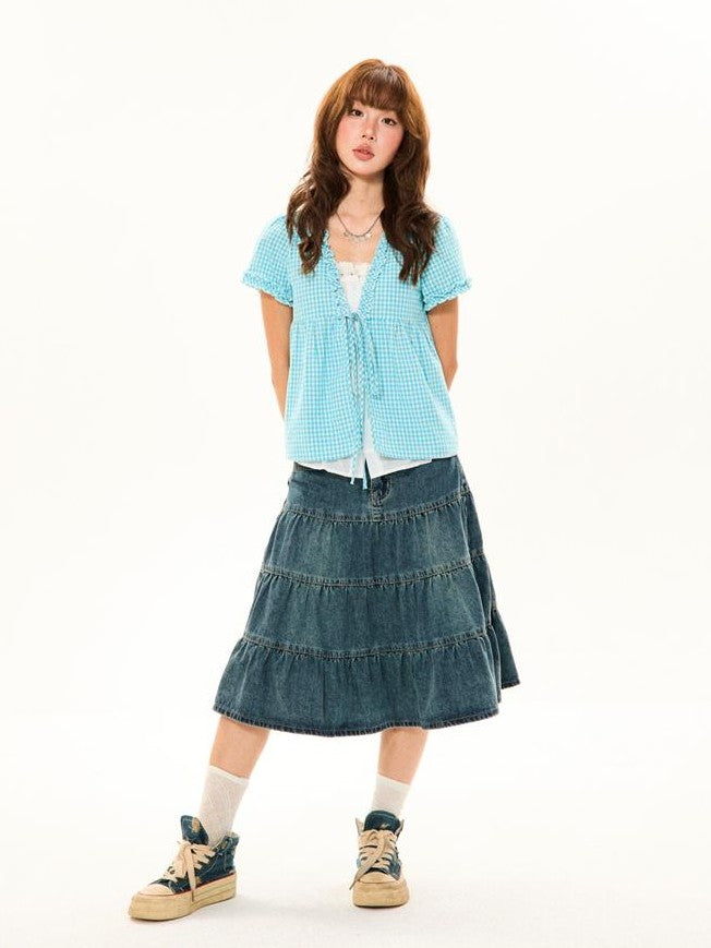 YOUNG STAGE Vintage Plaid Fake Two Piece Open Front V-neck Women's Cotton Short Sleeve T-shirts