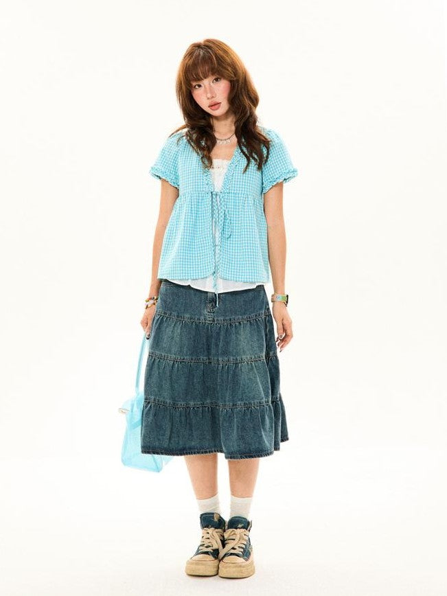 YOUNG STAGE Vintage Plaid Fake Two Piece Open Front V-neck Women's Cotton Short Sleeve T-shirts