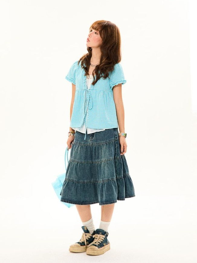 YOUNG STAGE Vintage Plaid Fake Two Piece Open Front V-neck Women's Cotton Short Sleeve T-shirts