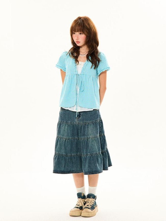 YOUNG STAGE Vintage Plaid Fake Two Piece Open Front V-neck Women's Cotton Short Sleeve T-shirts