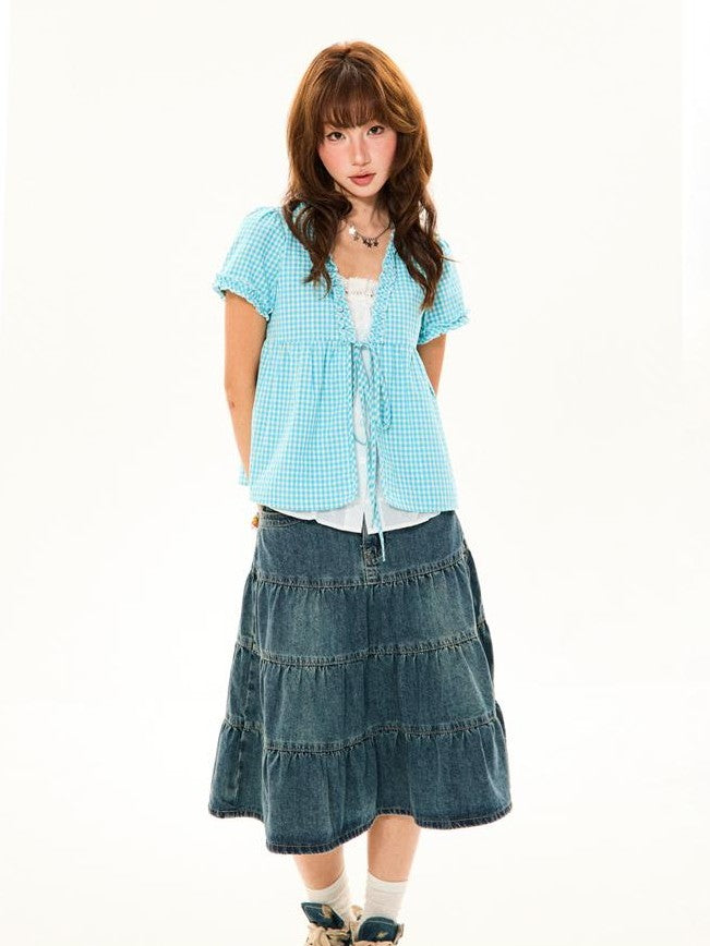 YOUNG STAGE Vintage Plaid Fake Two Piece Open Front V-neck Women's Cotton Short Sleeve T-shirts