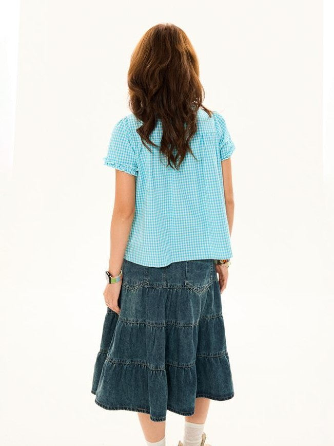 YOUNG STAGE Vintage Plaid Fake Two Piece Open Front V-neck Women's Cotton Short Sleeve T-shirts