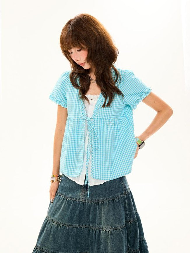 YOUNG STAGE Vintage Plaid Fake Two Piece Open Front V-neck Women's Cotton Short Sleeve T-shirts