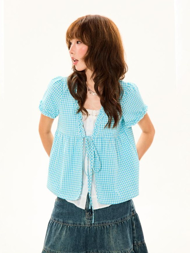 YOUNG STAGE Vintage Plaid Fake Two Piece Open Front V-neck Women's Cotton Short Sleeve T-shirts