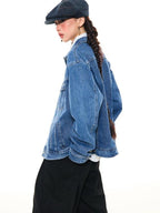 YOUNG STAGE Vintage Wash Distressed Collared Denim Women's Cotton Utility Jackets