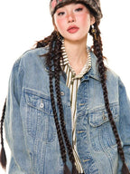 YOUNG STAGE Vintage Wash Distressed Collared Denim Women's Cotton Utility Jackets